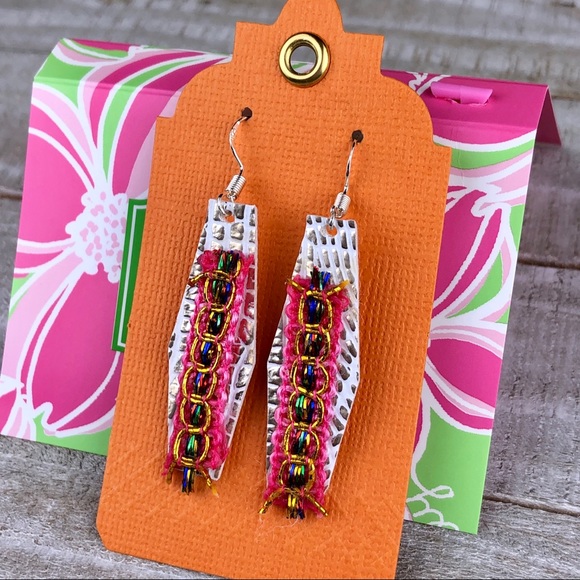 Earrings Faux leather, Dangle Metalic Earrings - Picture 2 of 7